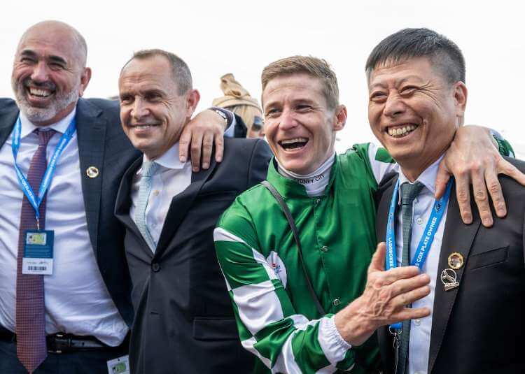 Sam Fairfray, Chris Waller, James McDonald and Mr Zhang after Via Sistina (Ire) wins the G1 W.S Cox Plate at Moonee Valley