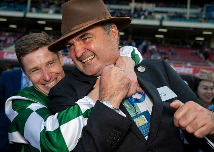 James McDonald and Vin Cox after Via Sistina wins the G1 W.S Cox Plate