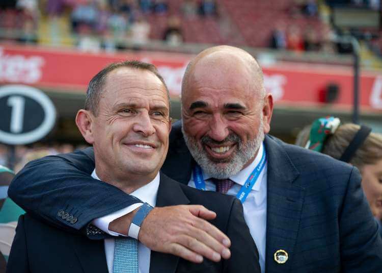 Chris Waller and Same Fairgray after Via Sistina wins the G1 W.S Cox Plate at Moonee Valley