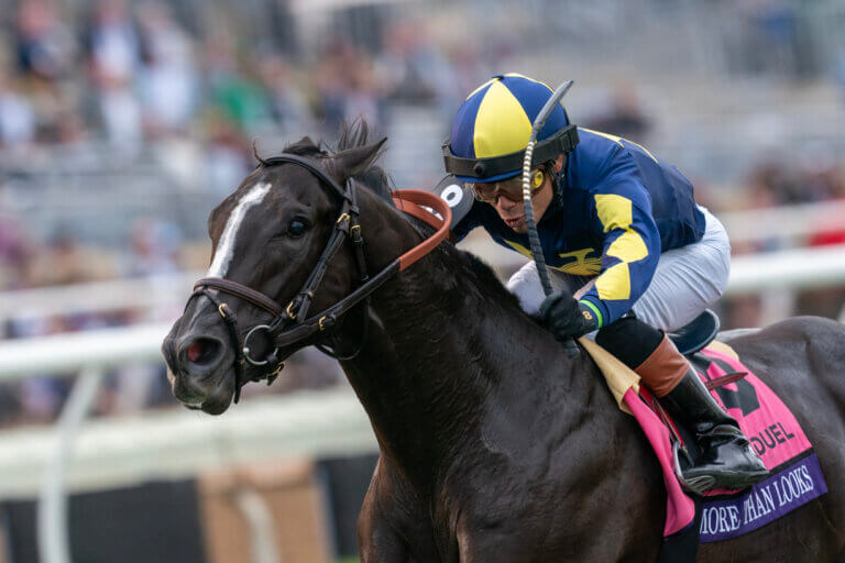 Jose Ortiz and More Than Looks win the Turf (G1T) at Del Mar Racetrack in Del Mar, CA on November 2, 2024.